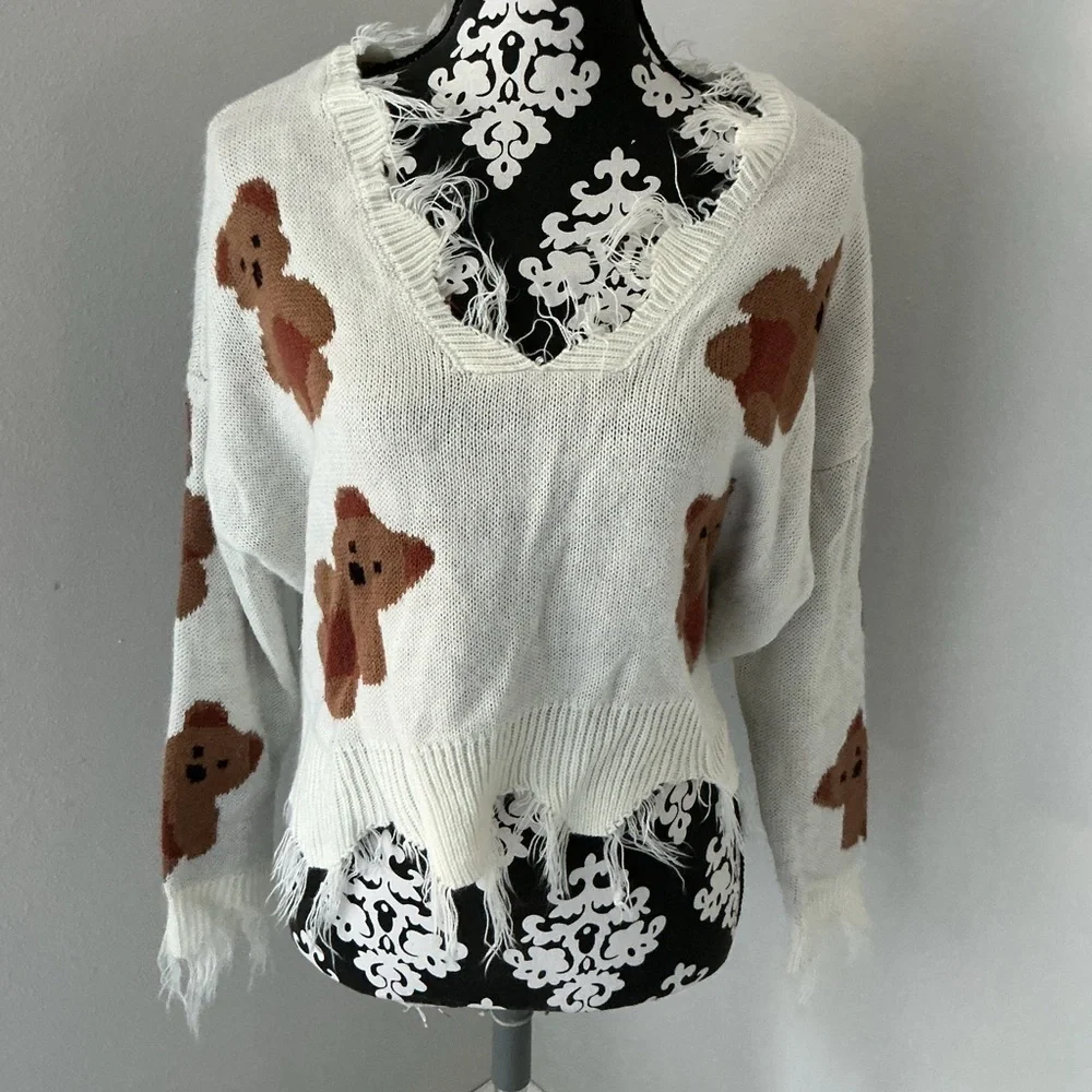 Just Polly NY Teddy Bear Sweater Women's Medium V-Neck Fray Frilly Knit